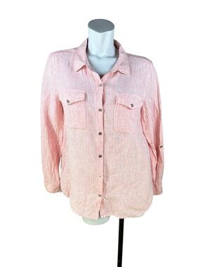 Tommy Hilfiger 100% Linen Orange & White Striped Long Sleeve Button-Down Shirt L